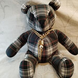 Plaid Teddy Bear with Louis Vuitton Lock #315 And 2 Keys on A Gold Tone Chain
